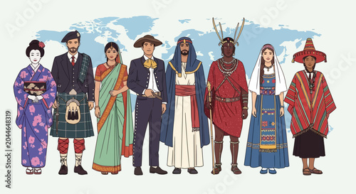 Diverse people in traditional clothing from around the world