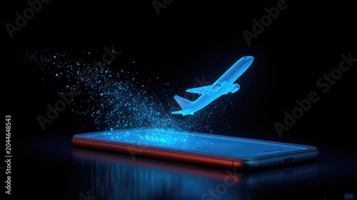 Glowing airplane emerges from a smartphone screen in a digital swirl