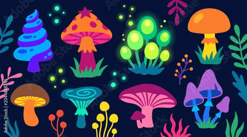 Bild auf Leinwand Colorful illustration of glowing mushrooms and plants.