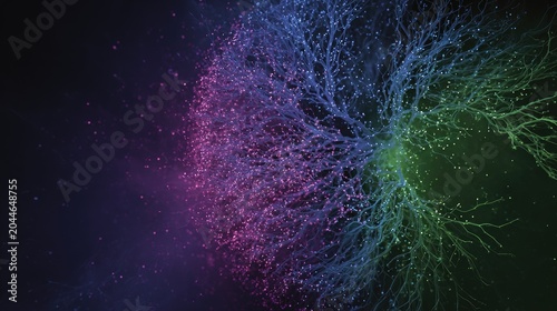 Bioluminescent branching network with swirling particles