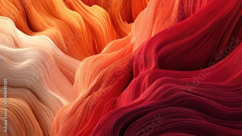 Flowing, layered abstract forms in warm, vibrant hues of red and orange