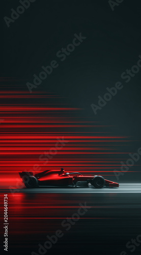 A minimalistic poster of a red sport car moving fast, dark  background, red light streaks behind the red car. Side view