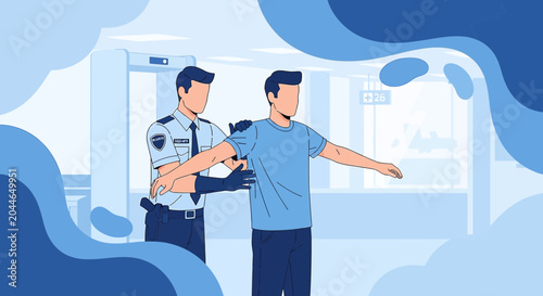 Security Screening: Guard Patting Down Person at Airport Security Checkpoint