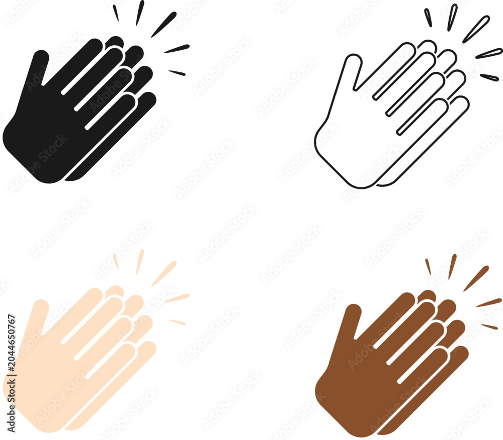 Fototapeta premium Clapping hands vector icons set with different skin tones outline and black silhouette styles