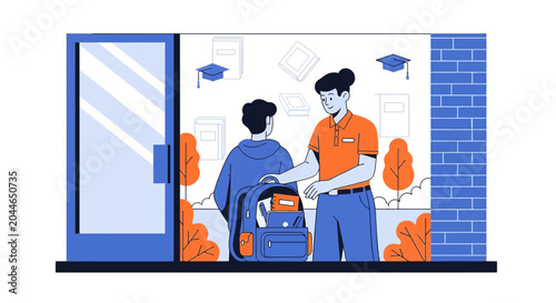 Student and Teacher at School Entrance, Back to School, Education Concept