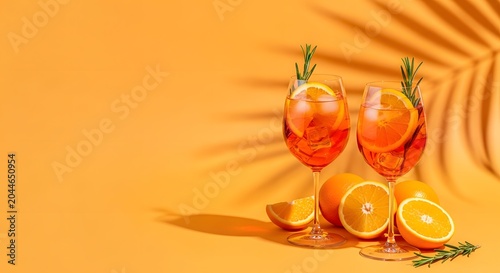 Two Aperol Spritz Cocktails in Wine Glasses with Fresh Oranges 
and Rosemary on Orange Background with Palm Leaf Shadow