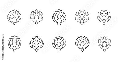 A collection of simple line drawings of artichokes in various orientations
