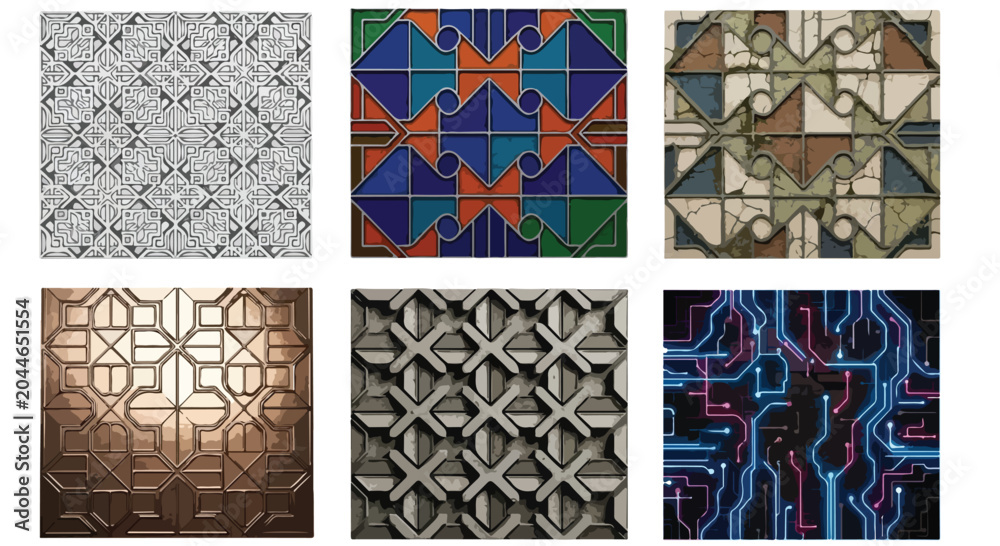 Fototapeta premium Geometric seamless pattern collection, 6 vector textures with architectural and tech styles, decorative mosaic and circuit board backgrounds