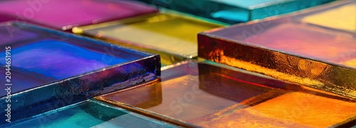 Close-up of iridescent glass tiles in vibrant rainbow colors