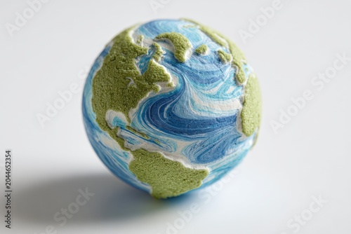 Miniature planet earth with marbled blue oceans and textured green continents