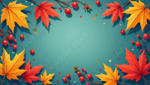 Autumn leaves & berries horizontal banner Retro flat doodle style , autumn, background, pattern