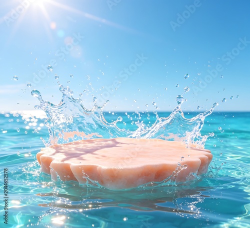3D energetic summer-themed product presentation stage with a coral platform in turquoise water