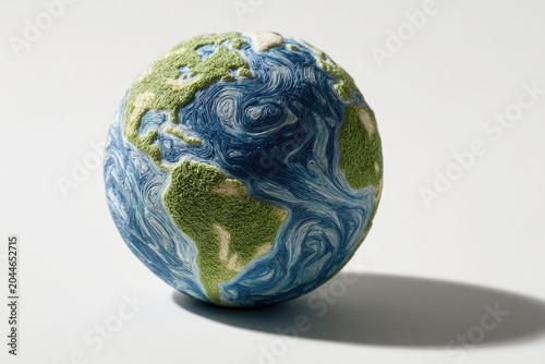 Textured, handcrafted Earth sphere with continents, oceans, and shadow