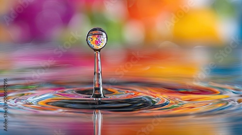 Tiny, vibrant droplet reflects colorful patterns on rippling water