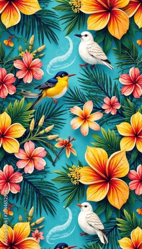 Colorful Hawaiian sticker collage, repeating pattern Bright island motifs, seamless design , vibrant, fruits