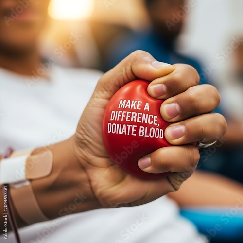 Closeup of Hand Squeezing Red Stress Ball with Blood Donation Message in Medical Setting