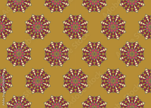 Seamless mandala style floral pattern in red, pink, and beige on brown background use for fabric, textile, clothing, carpet, wallpaper, backdrop, cloth bag ,home decoration elements.