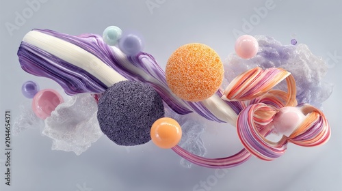 Swirling pastel ribbons and textured spheres float in abstract composition