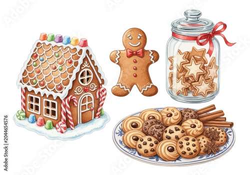 Tableau sur toile A delightful collection of festive Christmas cookies, including a gingerbread house, gingerbread man, star cookies in a jar, and a plate of assorted cookies, perfect for holiday celebrations