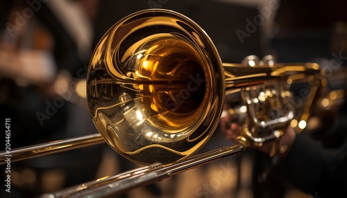 There is a close up of a brass instrument with a person in the background