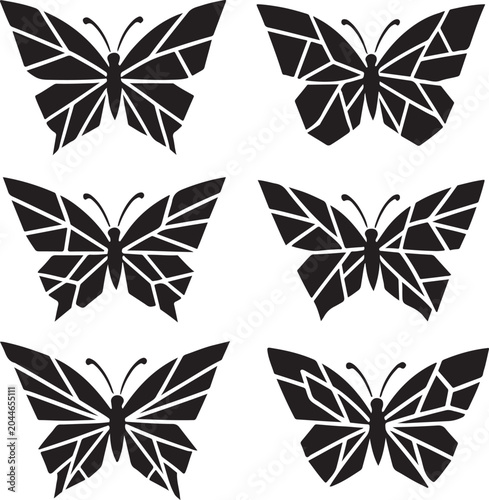 Geometric butterfly silhouette set. Black polygonal butterfly icons on a white background. Abstract line art vector illustration elements for design, tattoo, or stencil.