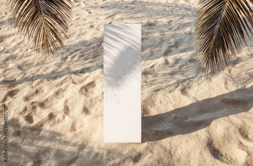 White pedestal on sandy beach, palm fronds and shadows