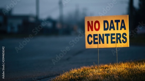 No data centers sign on green lawn at twilight community protest