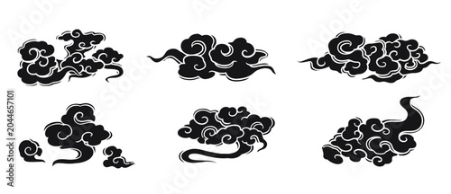 Set of Traditional Asian Clouds in Stylized Black Vector Design