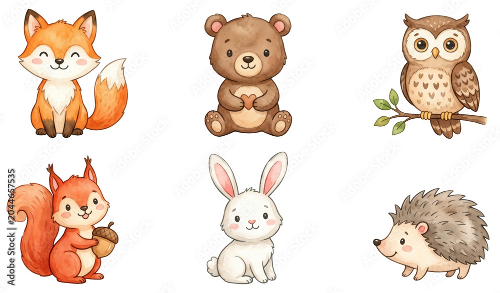 Fototapeta premium cute forest animals fox bear and owl watercolor clipart set