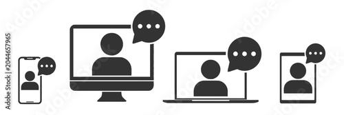 Video Conferencing Icons Set on Multiple Digital Devices