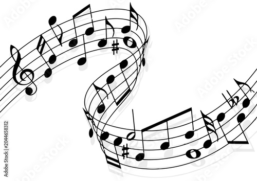 Wavy musical stave with notes on white background, music concept