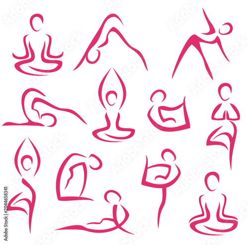 Yoga Pose Icons Set, Minimalist Pink Line Illustrations for Wellness