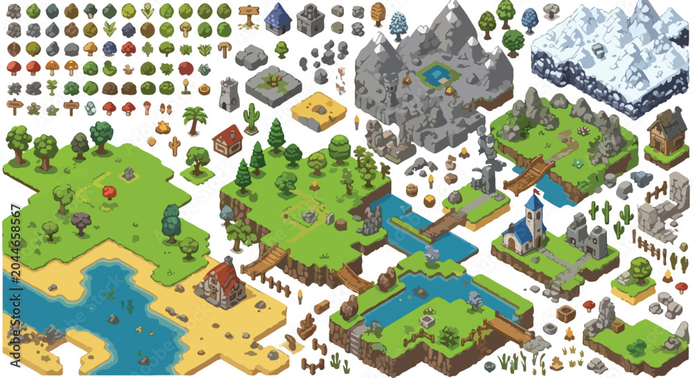 Fototapeta premium Isometric pixel art game assets, fantasy world map construction kit with nature elements, retro video game environment tiles and icons