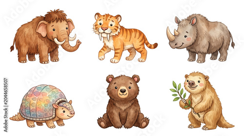 cute ice age animals mammoth and saber tooth tiger watercolor clipart set