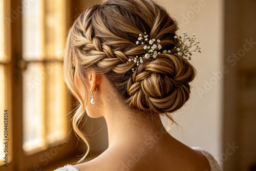 Elegant braided updo for brides, adorned with delicate flowers and pearls, perfect for sophisticated weddings and glamorous events