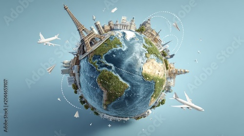 Globe with landmarks, cities, and planes, showcasing global travel
