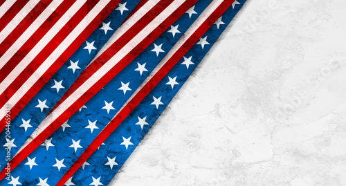 Abstract concept background with layered red white and blue American flag stars and stripes for USA 2026 midterm elections political campaign. USA flag colors grunge concrete vector design