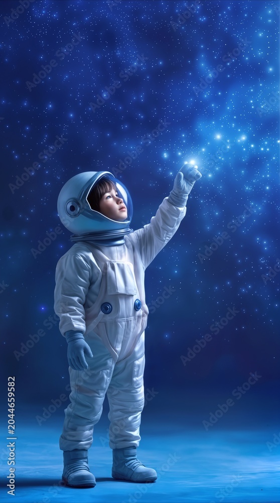 Obraz premium Stargazing preschooler in white spacesuit reaching for bright star in deep blue space. Child dreaming about space exploration and galaxy travel.