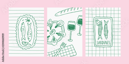 Mediterranean food posters in sketch style. Trendy design for cards, wall art, print, ads