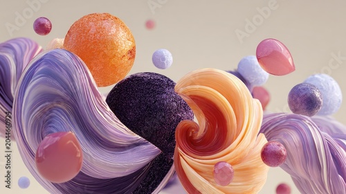 Swirling abstract forms with spheres and organic shapes