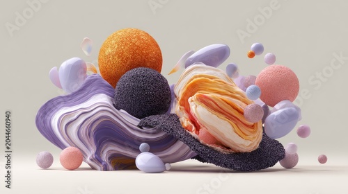 Surreal abstract arrangement of textured, organic shapes and spheres