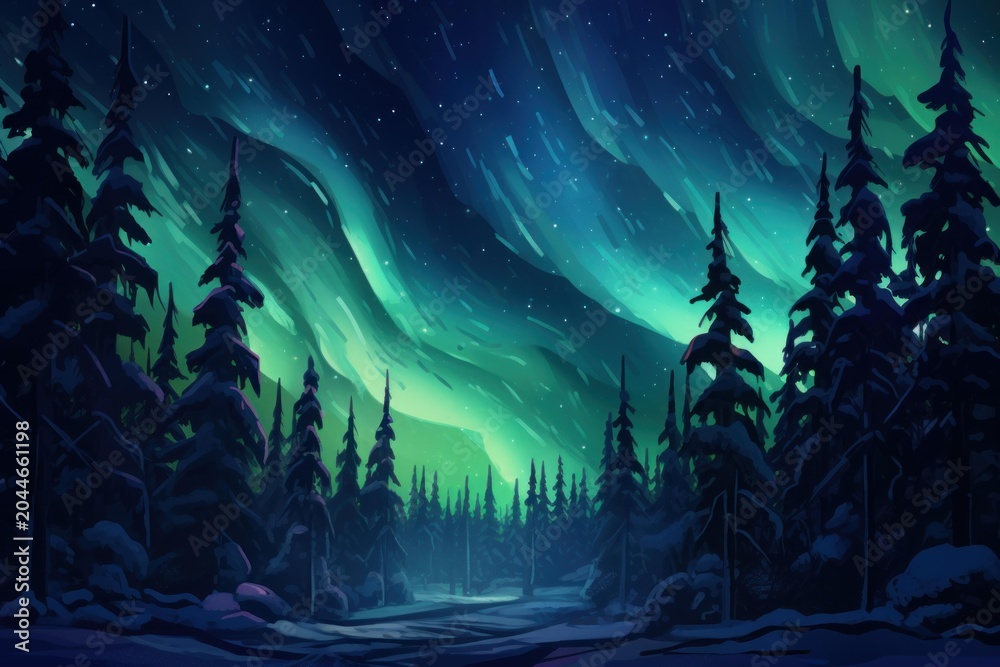 Obraz premium Aurora borealis illuminates a snowy forest emphasizing natural beauty and cold weather