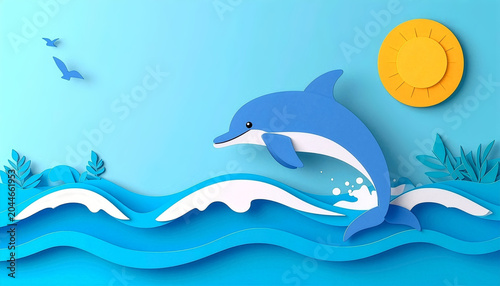 Paper cut summer background with dolphin jumping out of sea waves under yellow sun with copy space