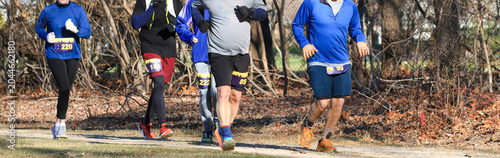 Adult Runners Participate in an Outdoor Race in the Woods on a Clear Day