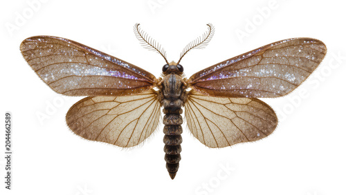 Fotografi Brown moth with iridescent wings and feathery antennae