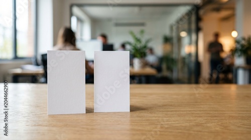 Premium blank business card mockup standing on a wooden desk in a modern office interior with clean branding space and professional corporate identity presentation.