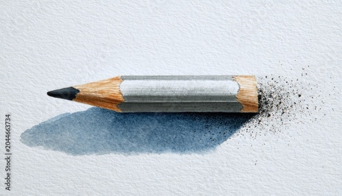 Sharpened graphite pencil dissolving into dust on textured paper