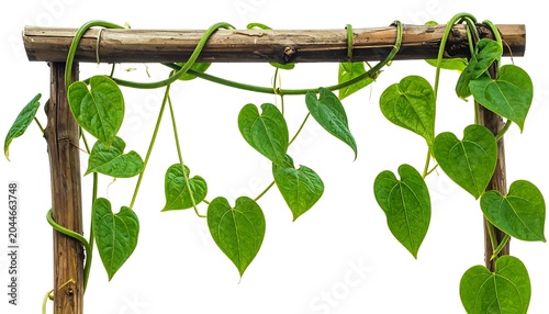 Green Heart Shaped Vine Climbing on Rustic Wooden Trellis Against White Background