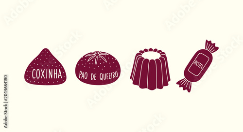 Konstfotografi Brazilian Snack Vector Icons Set with Coxinha Pao de Queijo Pudim and Pastel for