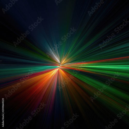 Vibrant light streaks burst from a central point into darkness